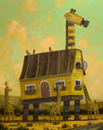 Joining the Journey by Nathan Durfee, painting with giraffes and a yellow house