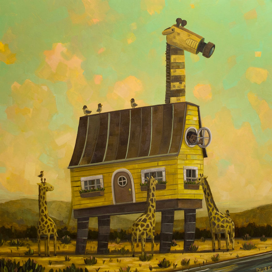 Joining the Journey by Nathan Durfee, painting with giraffes and a yellow house