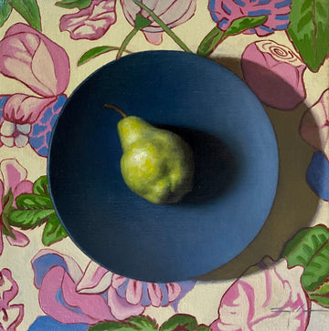 green pear on a plate painting