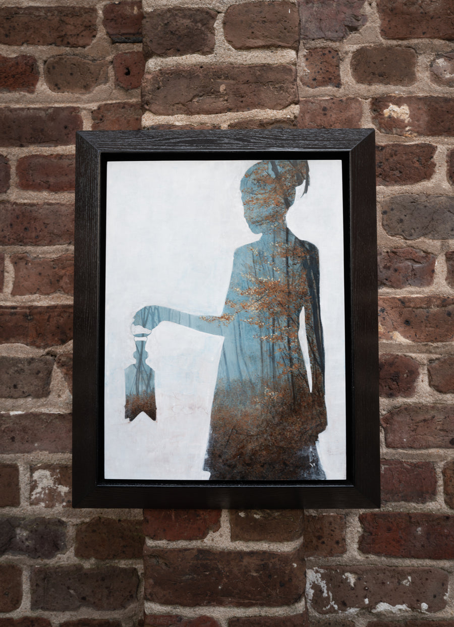 Hidden Places, painting of woman with lantern by Megan Aline, framed