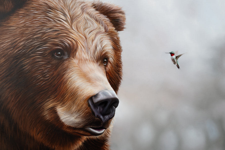 Hummingbear - Bear and Hummingbird Painting by Robert Lange, closeup