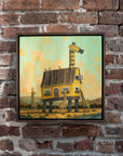 Joining the Journey by Nathan Durfee, painting with giraffes and a yellow house, framed on wall