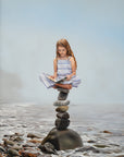 Well Balanced by Robert Lange, painting with girl on balancing rocks